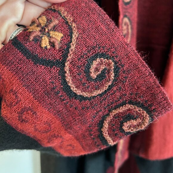 Peruvian Link Sweater M Black Red Alpaca Embroidered Open Cardigan Duster - Picture 7 of 12